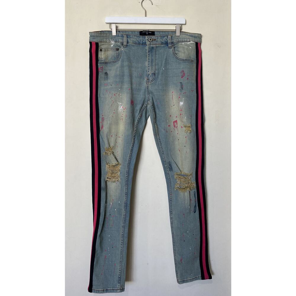 Serenede Distressed Designer Red Black Side Stripe Jeans Size 38